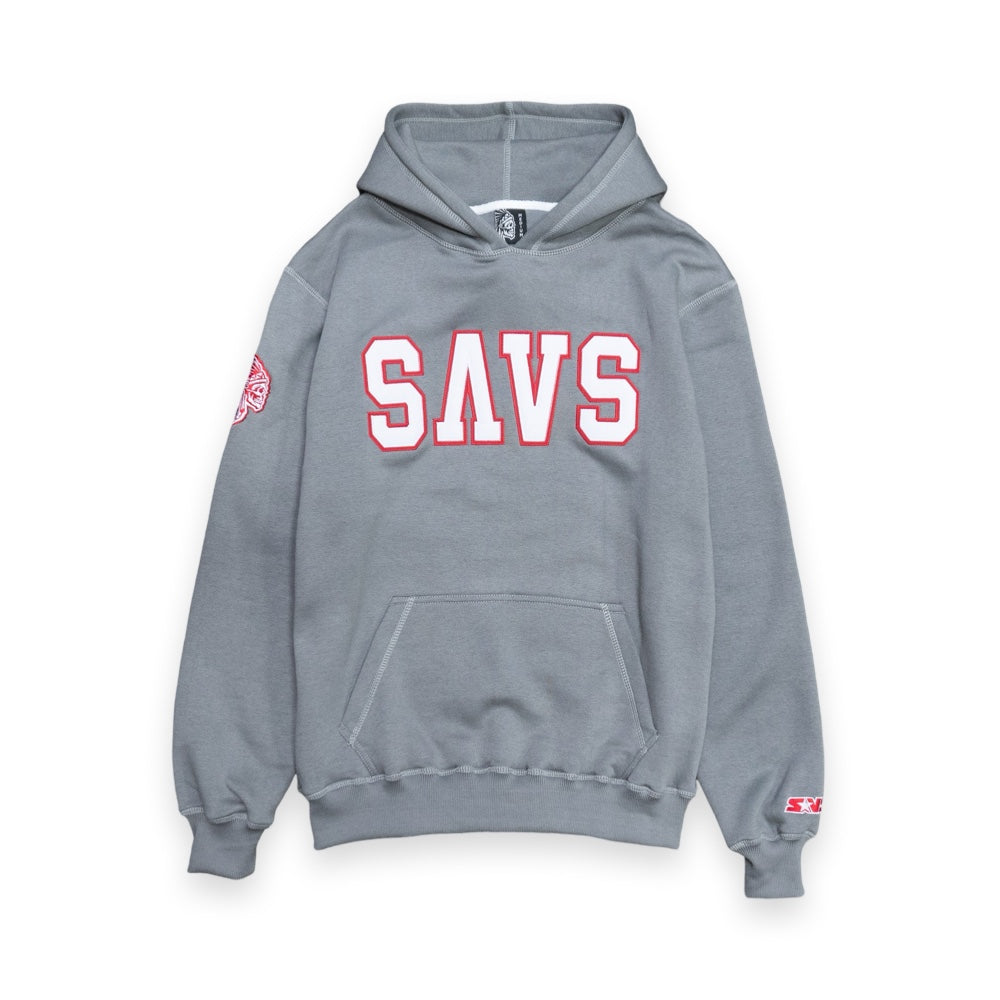 SAVS HEAVYWEIGHT APPLIQUE HOODIE - COOL GREY/RED