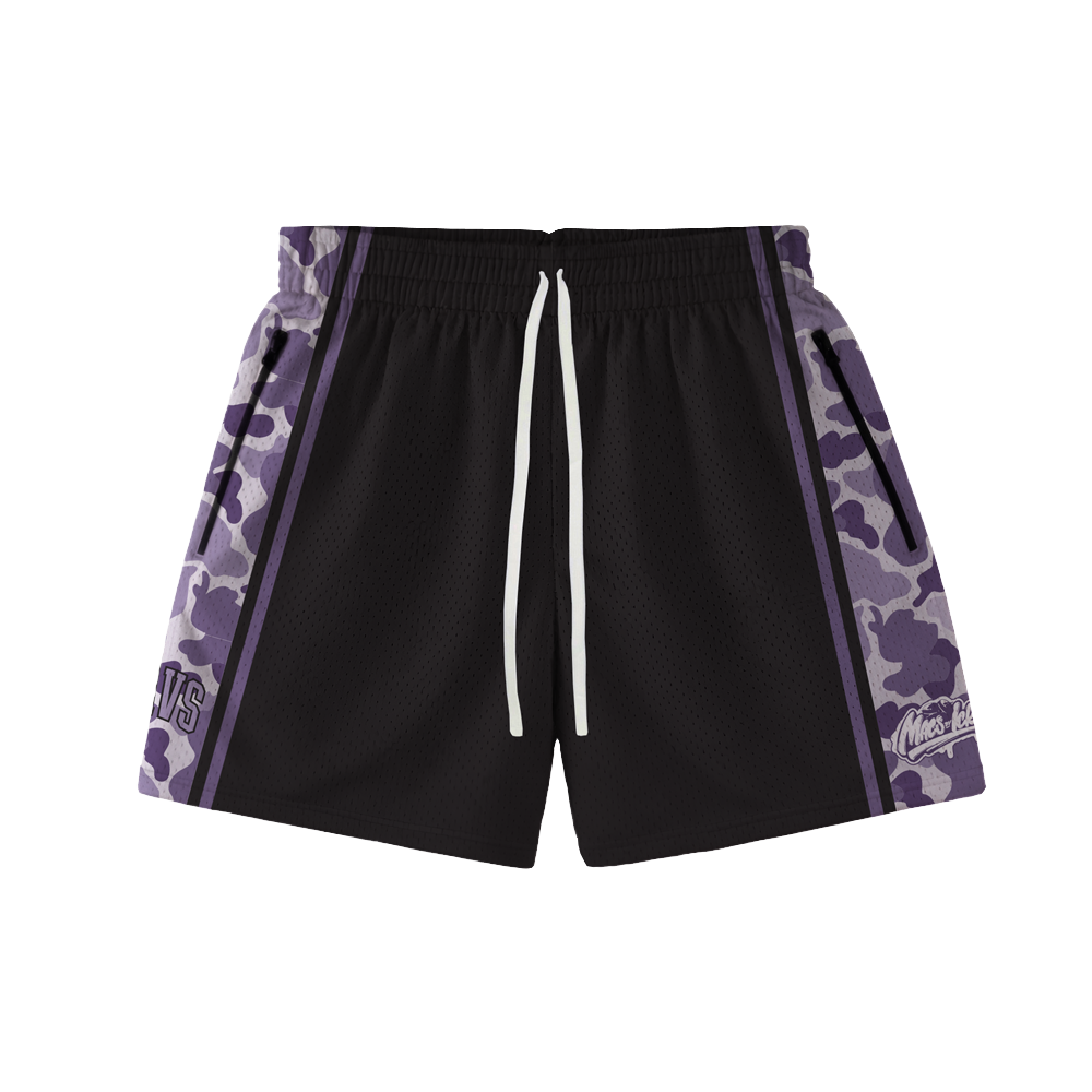 PURPLE CAMO COLOR BLOCK SHORTS - MACS BY ICKY COLLABORATION