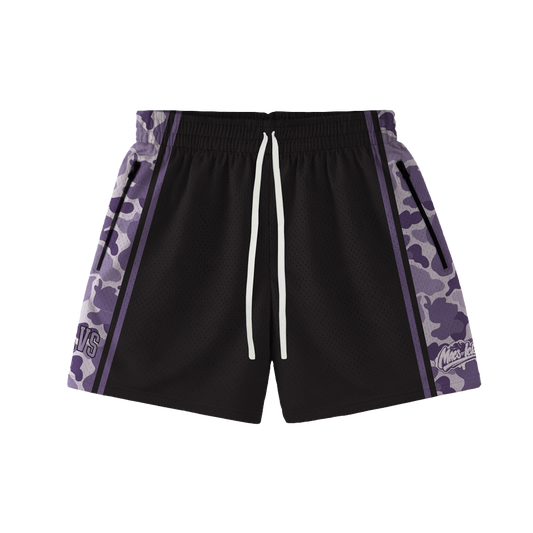 PURPLE CAMO COLOR BLOCK SHORTS - MACS BY ICKY COLLABORATION