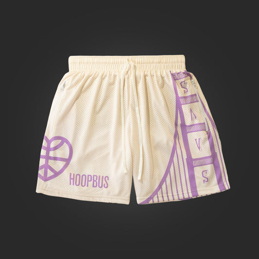 SAVS X HOOPBUS UNISEX GYM SHORTS - CREAM/PURPLE